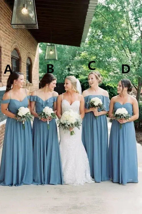 Blue A-Line Floor-Length Chiffon Bridesmaid Dresses