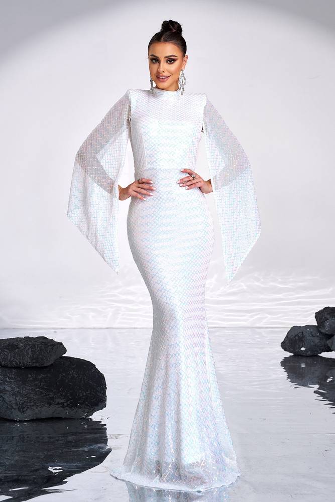 White Crew Neck Mermaid Sequin Evening Dresses