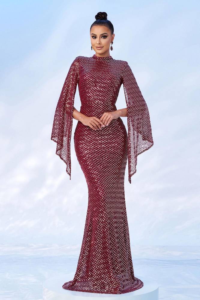 Burgundy Crew Neck Mermaid Sequin Evening Dresses