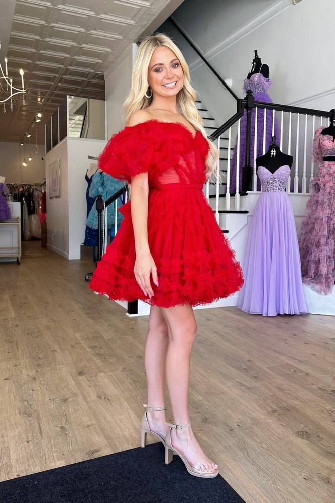 Red Tiered Off-The-Shoulder Puff Sleeves Short Tulle Homecoming Dresses