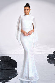 White Crew Neck Mermaid Sequin Evening Dresses