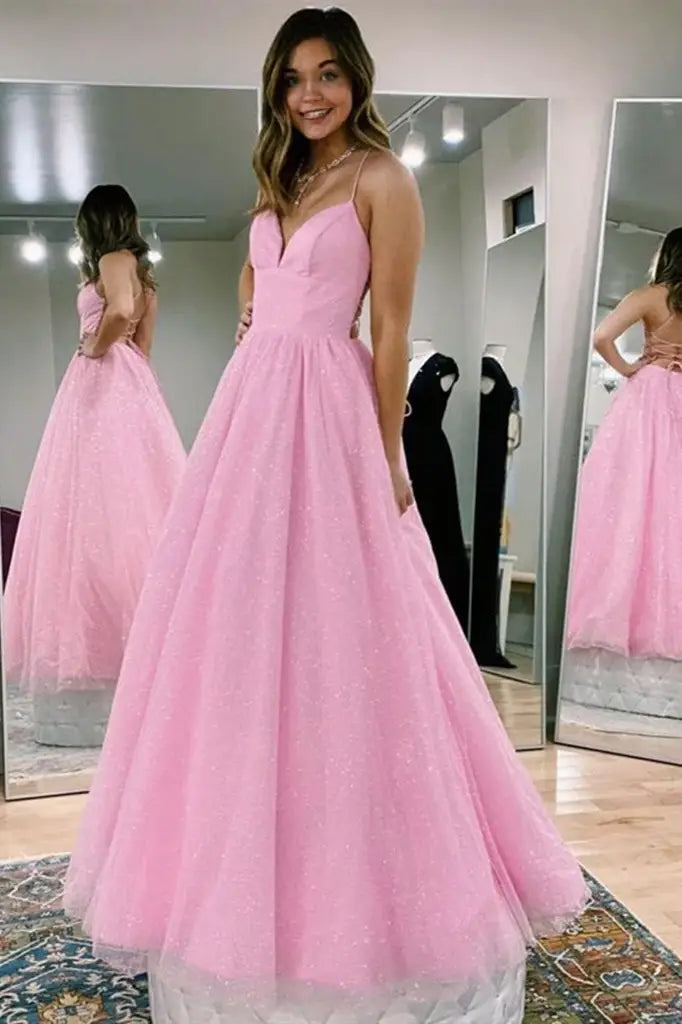 Pink Floor-Length V-Neck A-Line Tulle Party Prom Dresses