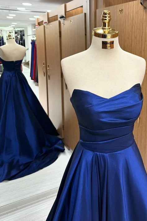 Exquisite Strapless Sweep Train A-Line Satin Prom Dresses