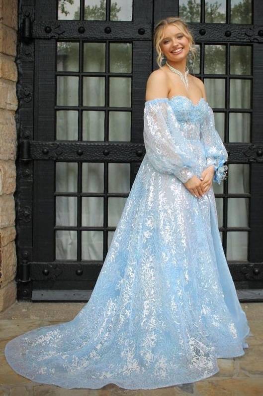 Sky Blue Strapless Split Front A-Line Party Dresses with Detachable Sleeves