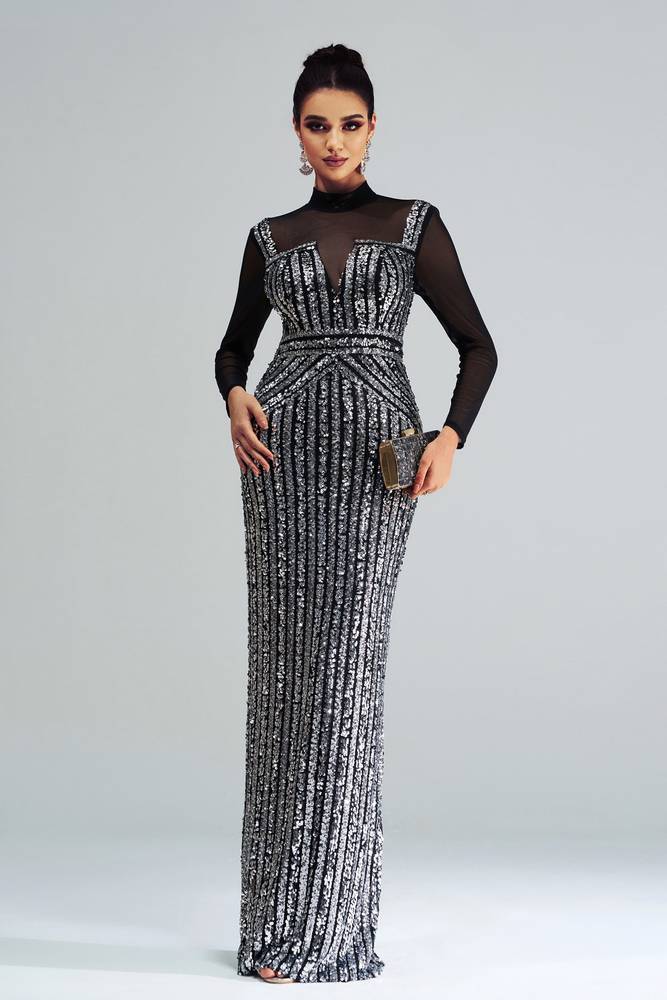 Floor-Length High Neck Long Sleeves Mermaid Sequin Evening Dresses with Slit