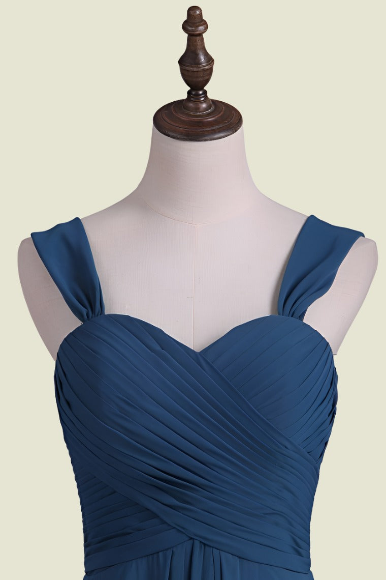 Ink Blue Sweetheart Straps A-Line Chiffon Long Bridesmaid Dresses