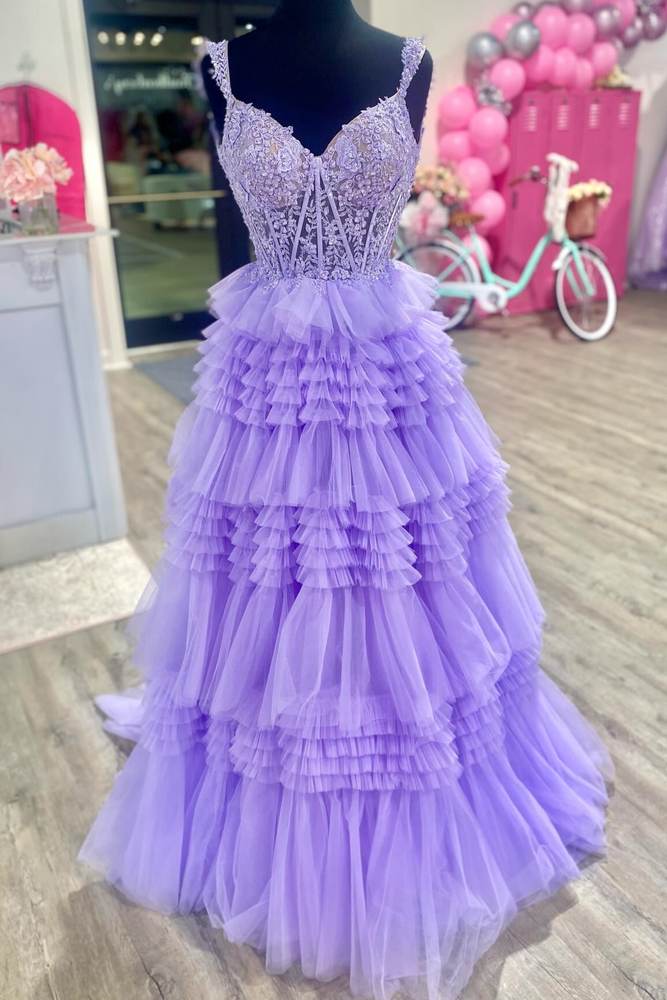 Lavender Tiered Long A-Line Tulle Prom Dresses Sleeveless with Appliques