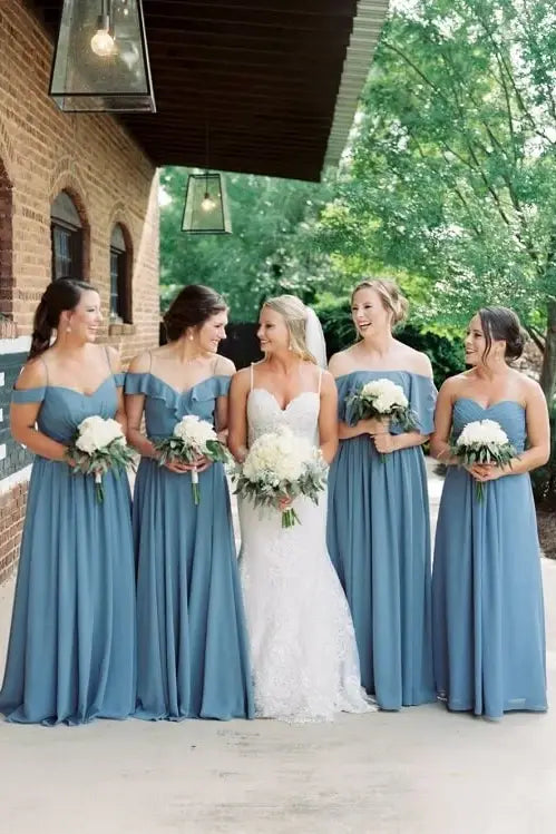 Blue A-Line Floor-Length Chiffon Bridesmaid Dresses