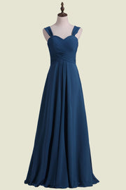 Ink Blue Sweetheart Straps A-Line Chiffon Long Bridesmaid Dresses