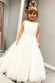 Beaded Floor-Length Sleeveless A-Line Tulle Flower Girl Dresses with Ruffles