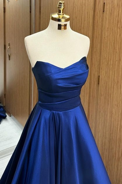 Exquisite Strapless Sweep Train A-Line Satin Prom Dresses