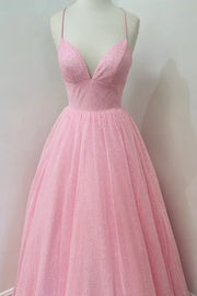 Pink Floor-Length V-Neck A-Line Tulle Party Prom Dresses