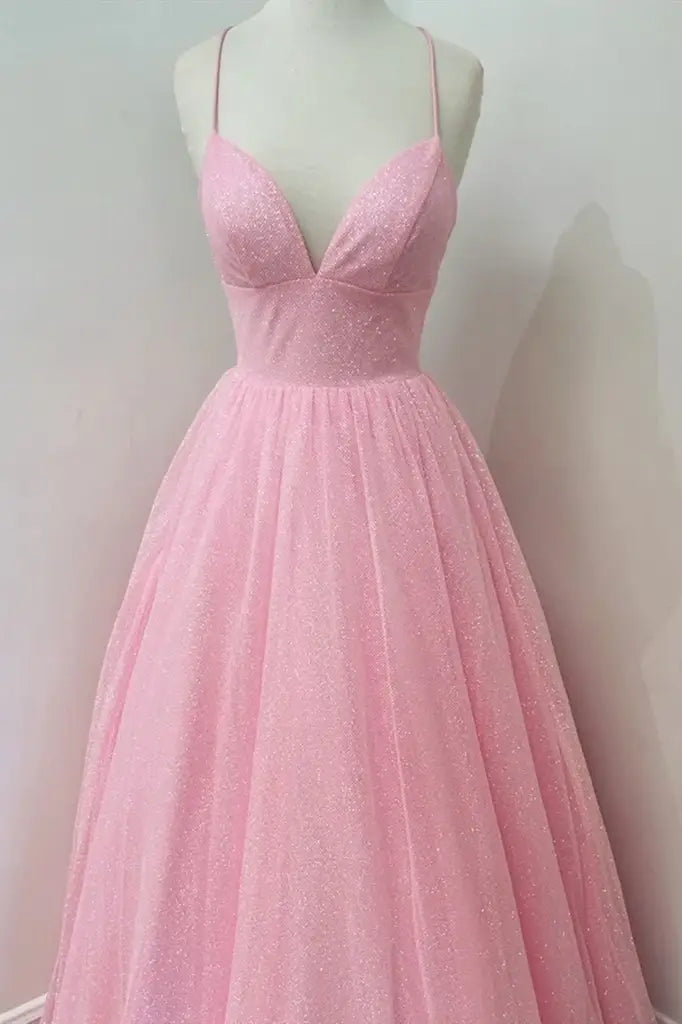 Pink Floor-Length V-Neck A-Line Tulle Party Prom Dresses