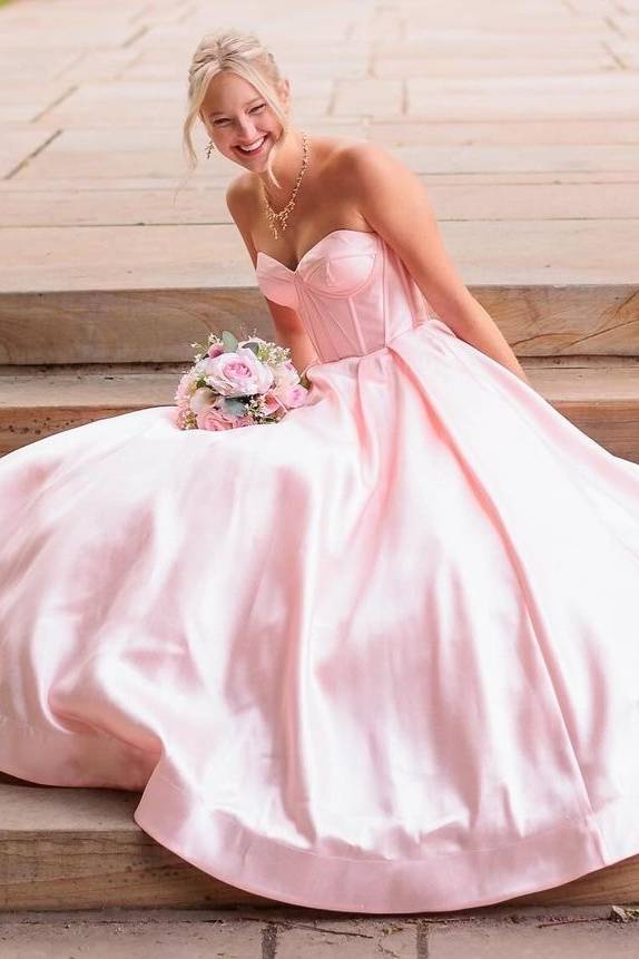 Pink Sweetheart Strapless Long A-Line Prom Dresses