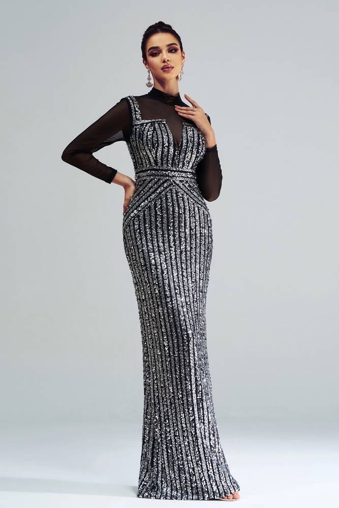 Floor-Length High Neck Long Sleeves Mermaid Sequin Evening Dresses with Slit