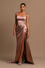 Gorgeous Square Neck Mermaid Satin Long Formal Dresses with Slit