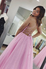 Pink Floor-Length V-Neck A-Line Tulle Party Prom Dresses