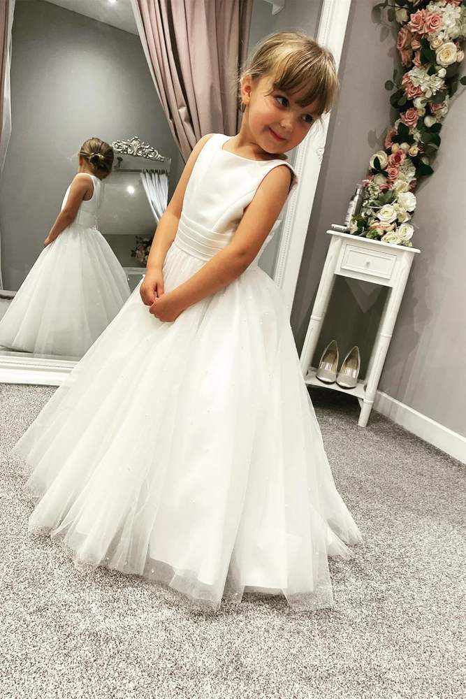 Beaded Floor-Length Sleeveless A-Line Tulle Flower Girl Dresses with Ruffles