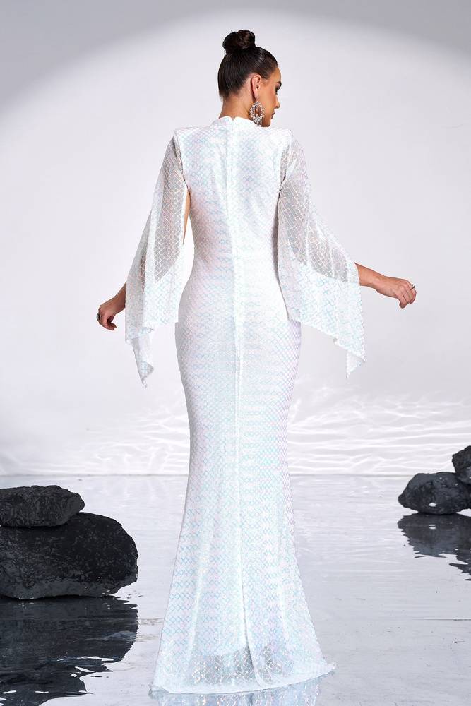 White Crew Neck Mermaid Sequin Evening Dresses