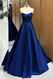 Exquisite Strapless Sweep Train A-Line Satin Prom Dresses