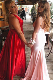 Pink Court Train V-Neck Mermaid Satin Prom Dresses with Open Back