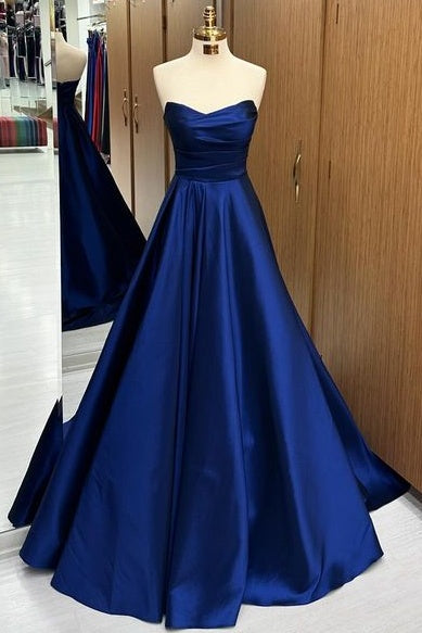 Exquisite Strapless Sweep Train A-Line Satin Prom Dresses