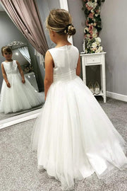 Beaded Floor-Length Sleeveless A-Line Tulle Flower Girl Dresses with Ruffles