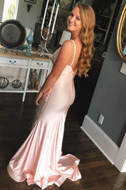 Pink Court Train V-Neck Mermaid Satin Prom Dresses with Open Back