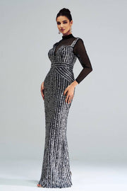 Floor-Length High Neck Long Sleeves Mermaid Sequin Evening Dresses with Slit