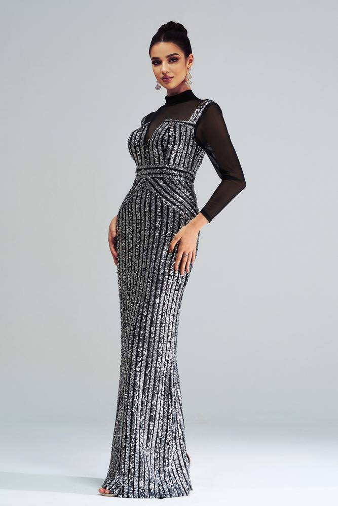 Floor-Length High Neck Long Sleeves Mermaid Sequin Evening Dresses with Slit