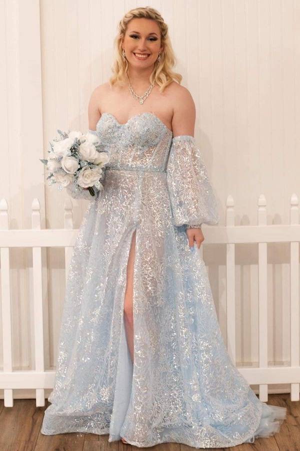 Sky Blue Strapless Split Front A-Line Party Dresses with Detachable Sleeves