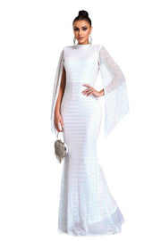 White Crew Neck Mermaid Sequin Evening Dresses