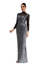 Floor-Length High Neck Long Sleeves Mermaid Sequin Evening Dresses with Slit