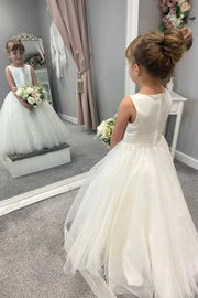 Beaded Floor-Length Sleeveless A-Line Tulle Flower Girl Dresses with Ruffles