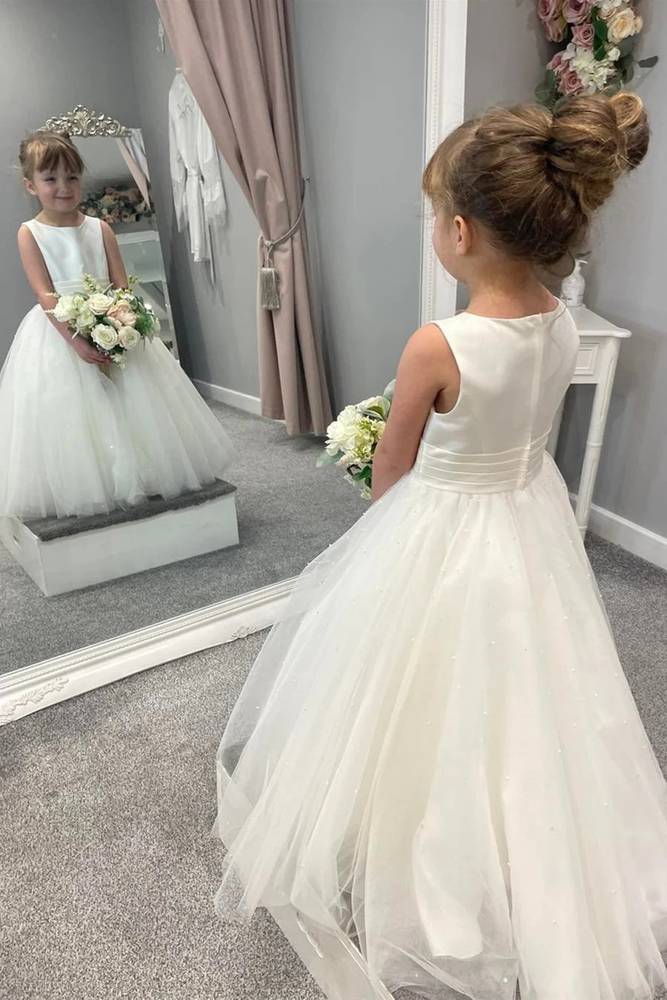 Beaded Floor-Length Sleeveless A-Line Tulle Flower Girl Dresses with Ruffles