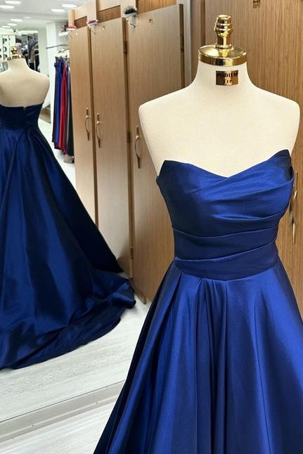 Exquisite Strapless Sweep Train A-Line Satin Prom Dresses