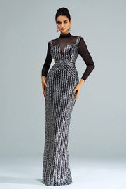 Floor-Length High Neck Long Sleeves Mermaid Sequin Evening Dresses with Slit