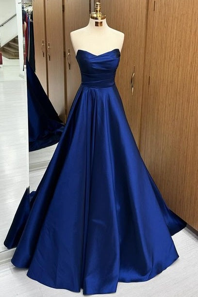 Exquisite Strapless Sweep Train A-Line Satin Prom Dresses