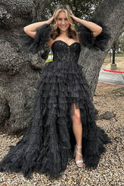 Black Sweetheart Strapless Long A-Line Tulle Prom Dresses with Detachable sleeves