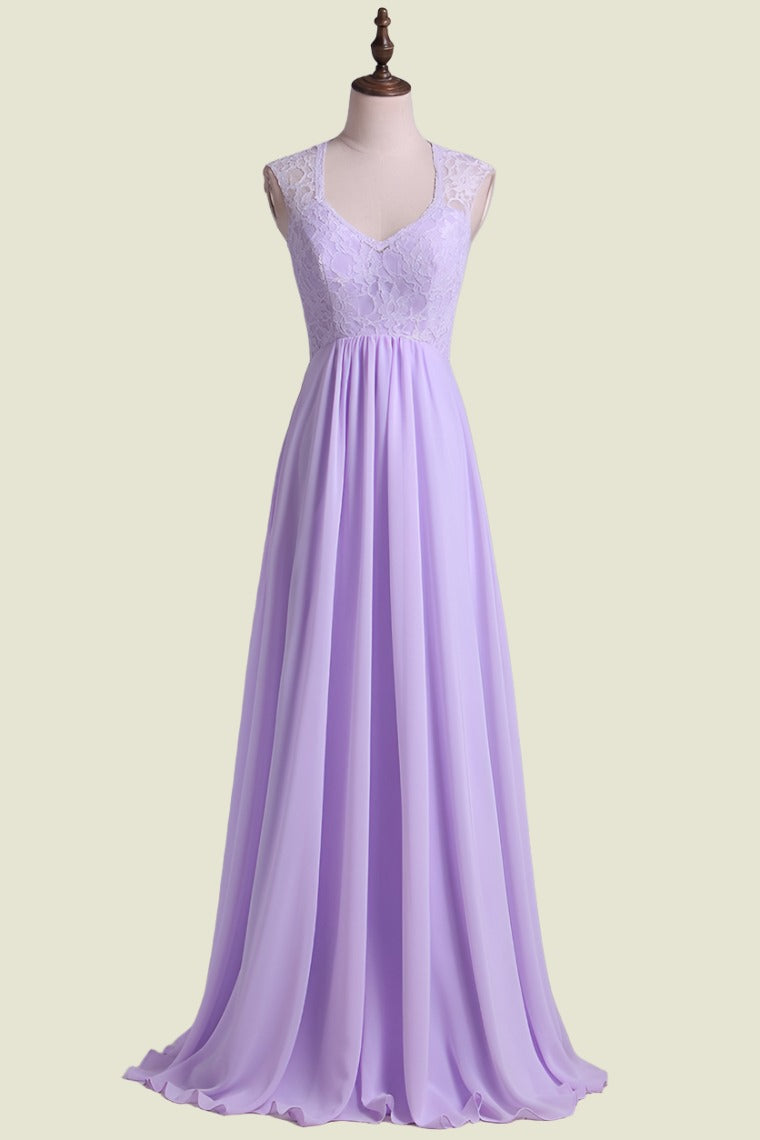 Lilac V-Neck Lace A-Line Chiffon Long Bridesmaid Dresses