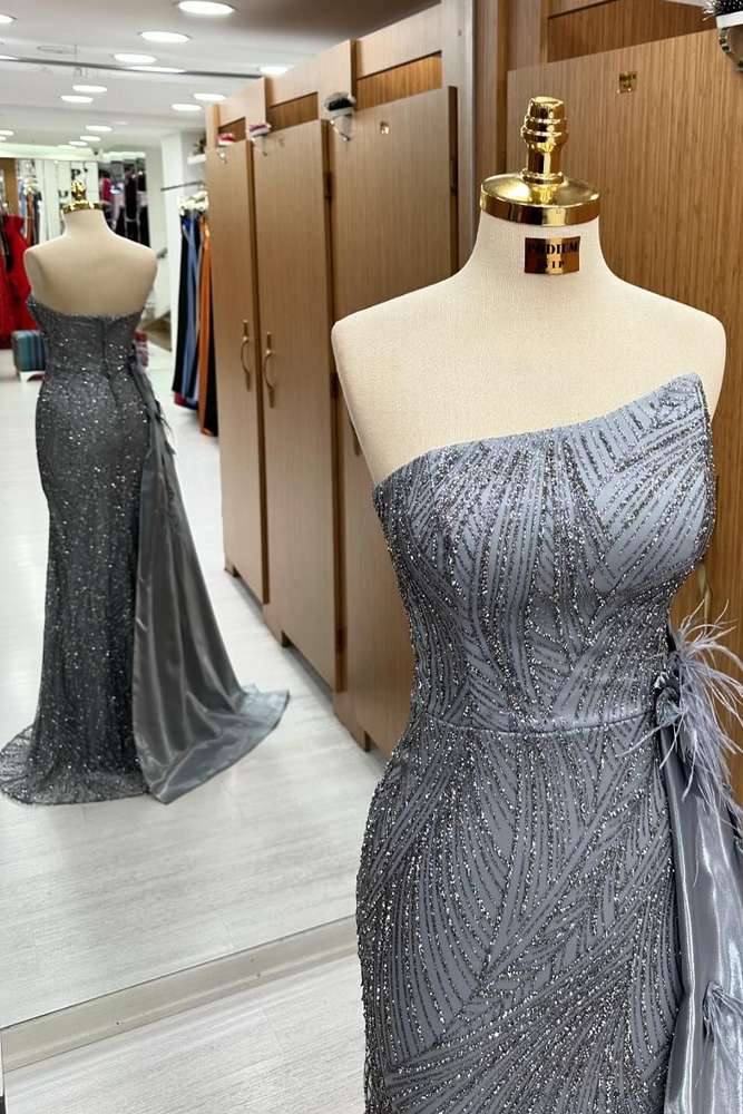 Stylish Sweep Train Sequined Mermaid Strapless Prom Dresses with Fur