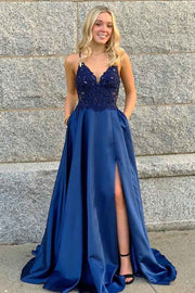 Sweep Train V-Neck A-Line Satin Prom Dresses with Pockets