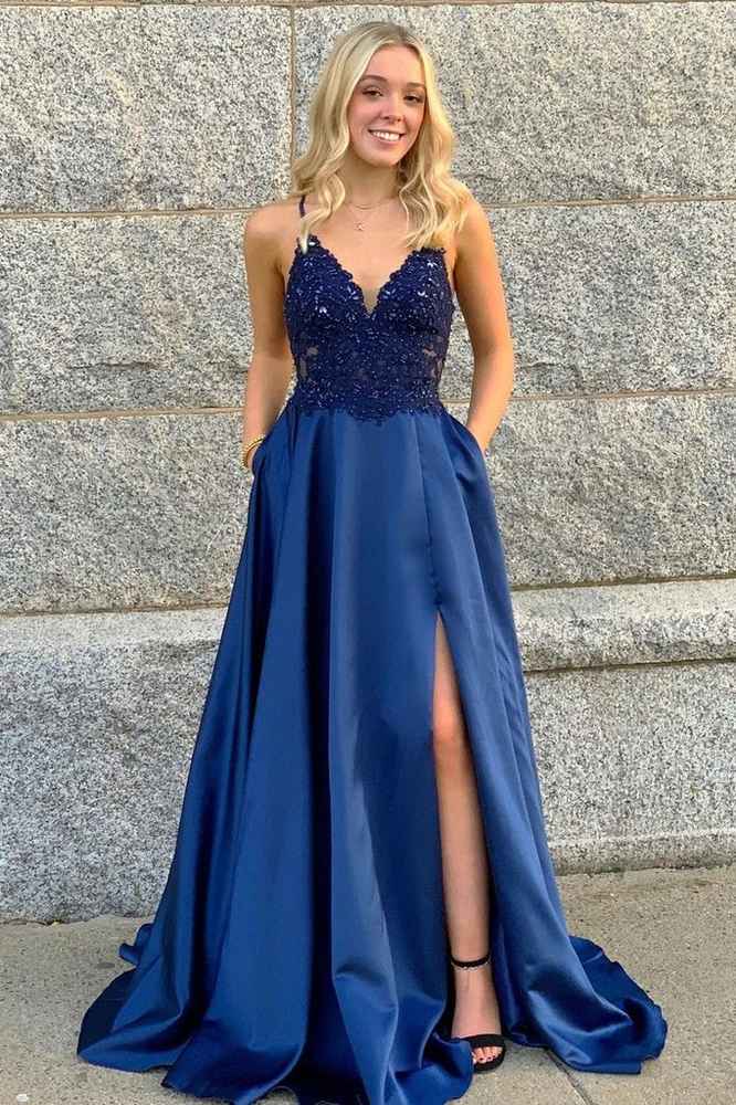 Sweep Train V-Neck A-Line Satin Prom Dresses with Pockets