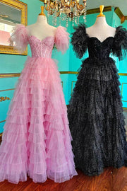 Pink Sweetheart Strapless Long A-Line Tulle Prom Dresses with Detachable sleeves