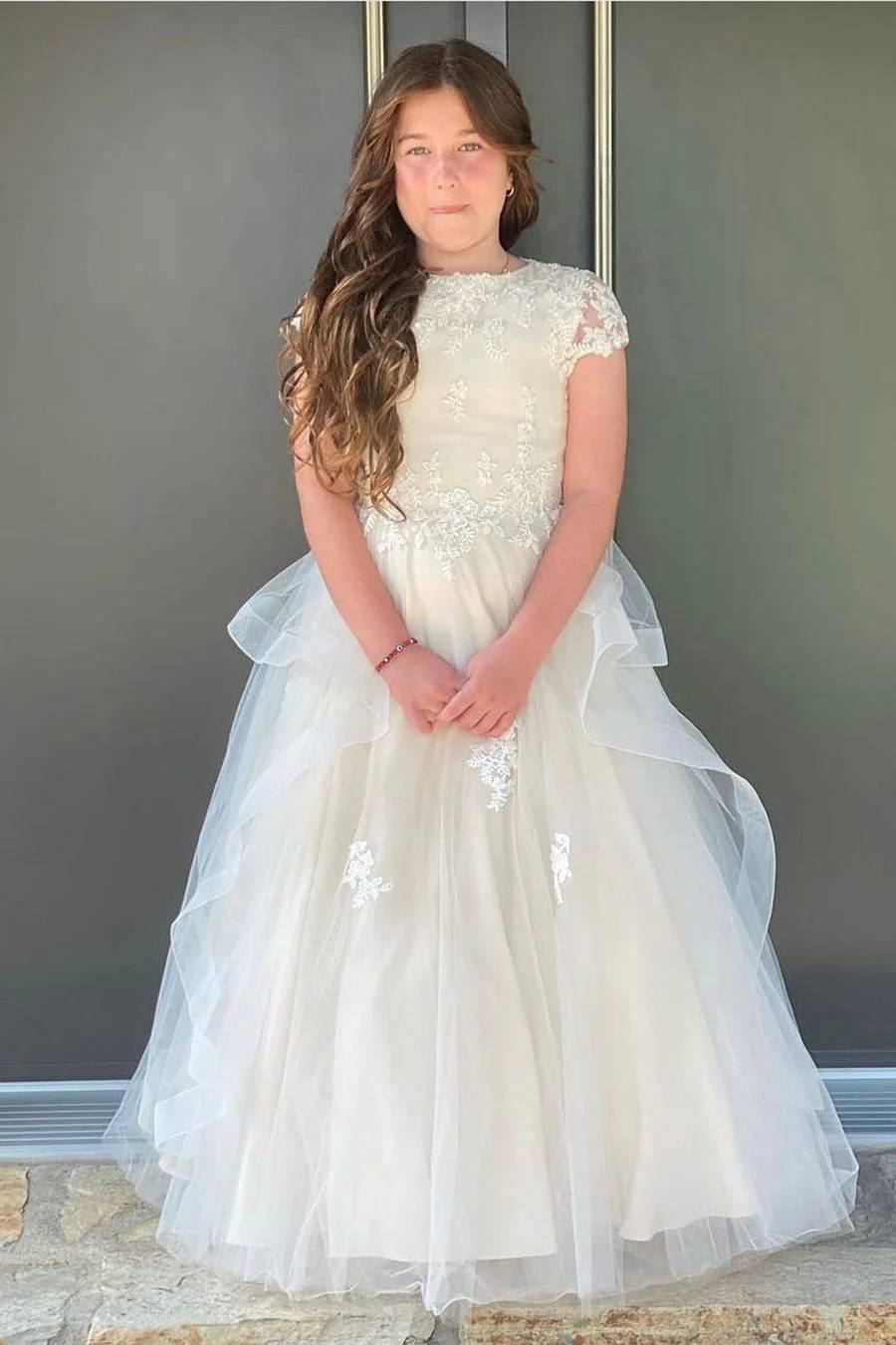 Capped A-Line Tulle Floor-Length Flower Girl Dresses