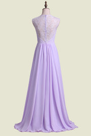 Lilac V-Neck Lace A-Line Chiffon Long Bridesmaid Dresses