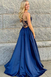 Sweep Train V-Neck A-Line Satin Prom Dresses with Pockets