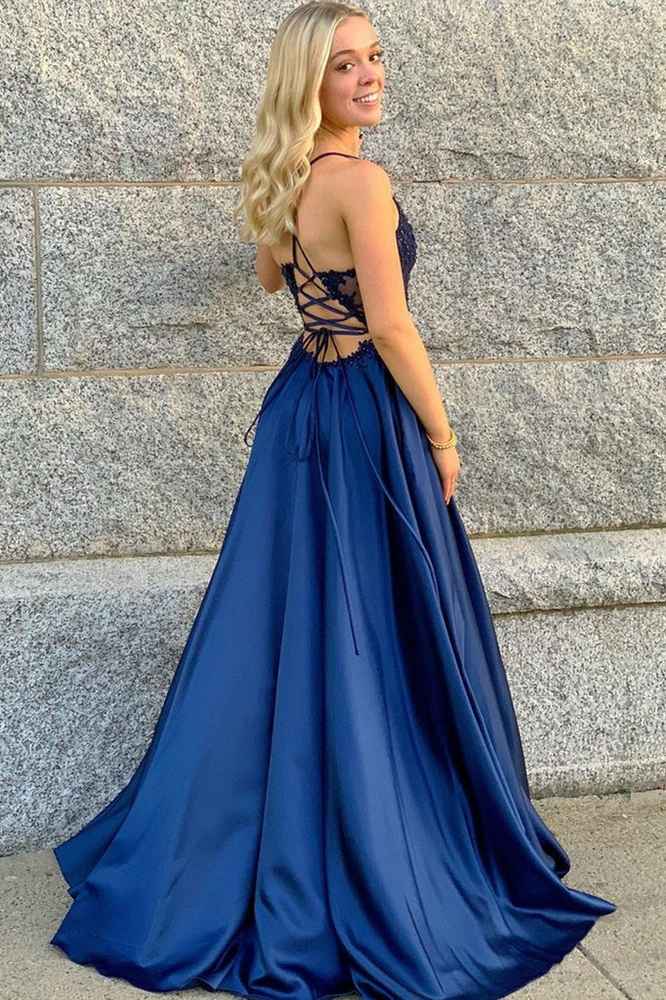 Sweep Train V-Neck A-Line Satin Prom Dresses with Pockets