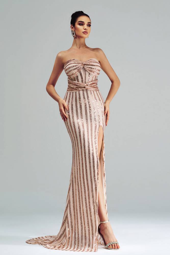 Strapless Sweetheart Mermaid Sequin Evening Prom Dresses with Slit