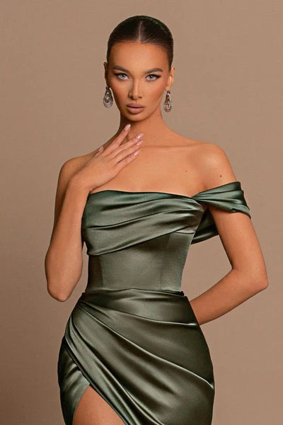 Trendy Off-The-Shoulder Mermaid Satin Split Front Prom Dresses with Ruffles